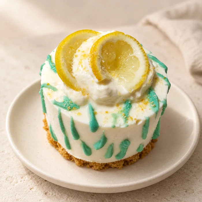 Tortice z limoninim okrasjem: Svetla tortica z rezinama limone in pisanimi poudarki.